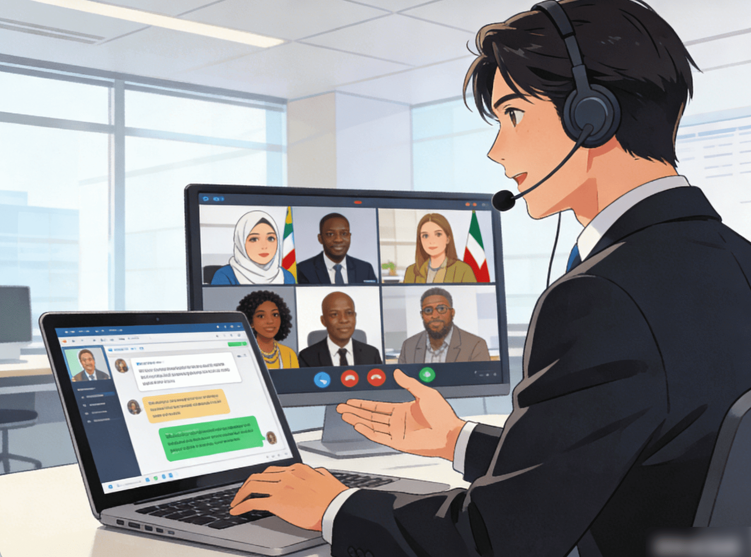 音声翻訳リアルタイム無料アプリで様々な活用シーンのイラスト（会議、学習、旅行など