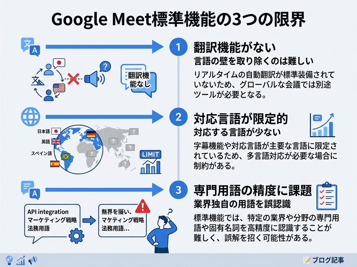 Google Meet標準機能の3つの限界|Google Meet 字幕 リアルタイム