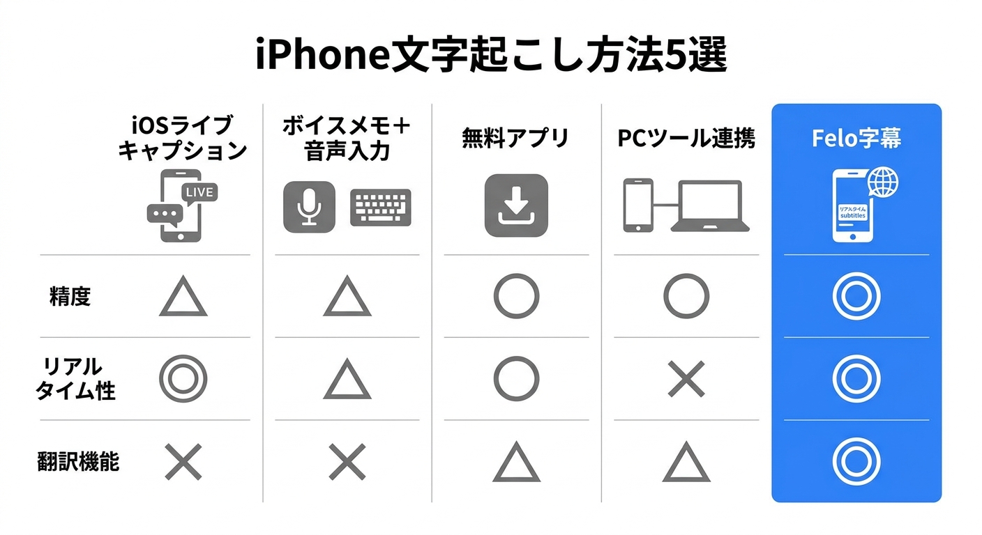 iPhone文字起こし方法5選の比較インフォグラフィック｜iphone 文字起こし