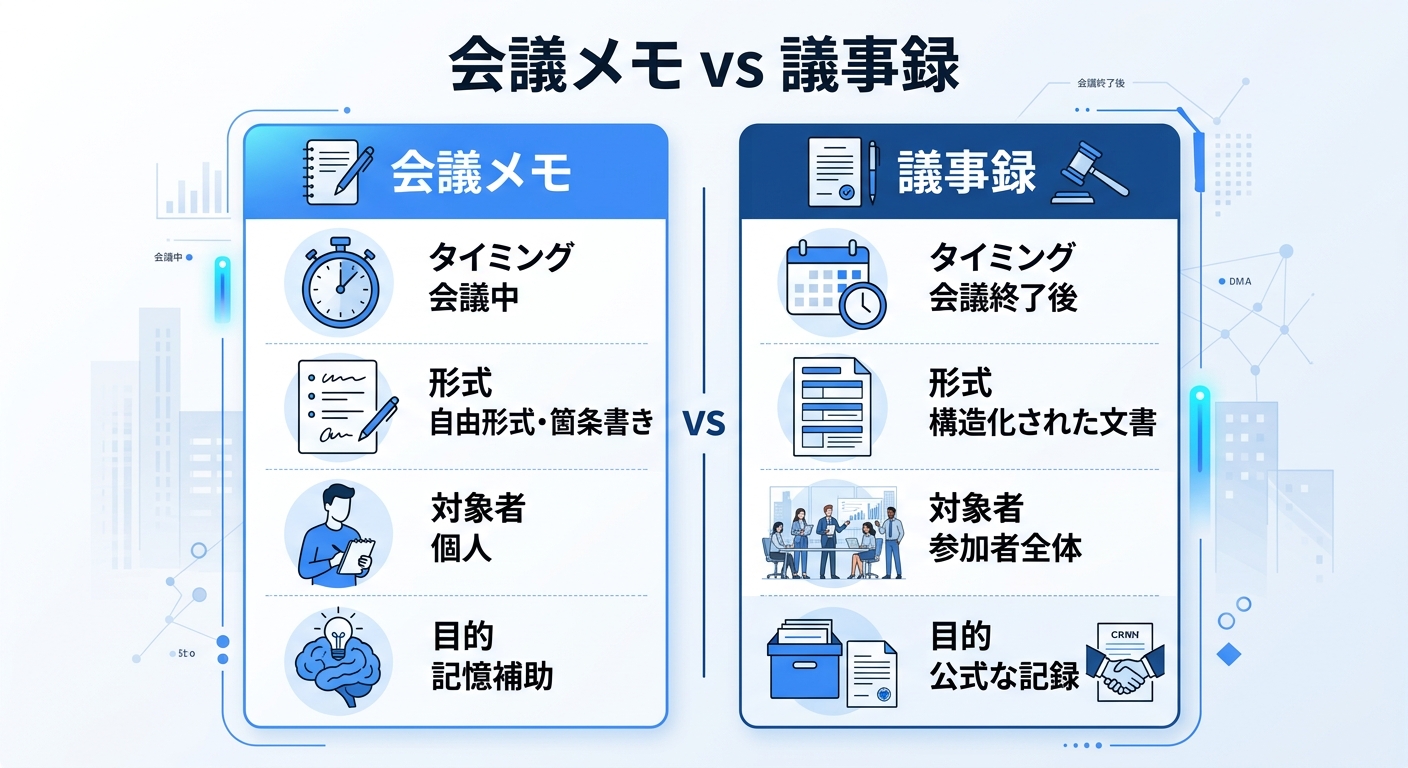 会議メモと議事録の違いを比較した情報図|会議メモ 効率化