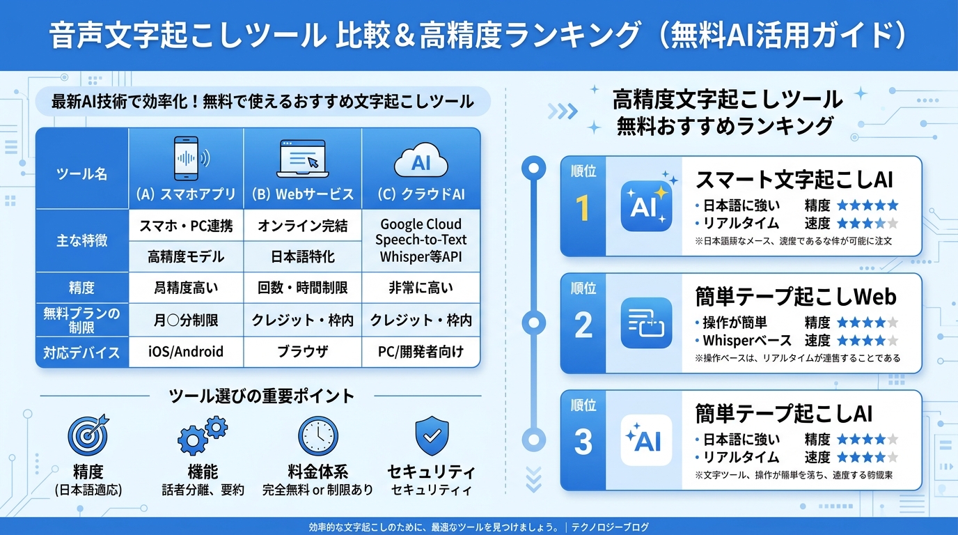 音声文字起こしツール比較|無料ツールとAIサービスの精度・機能・料金を比較
