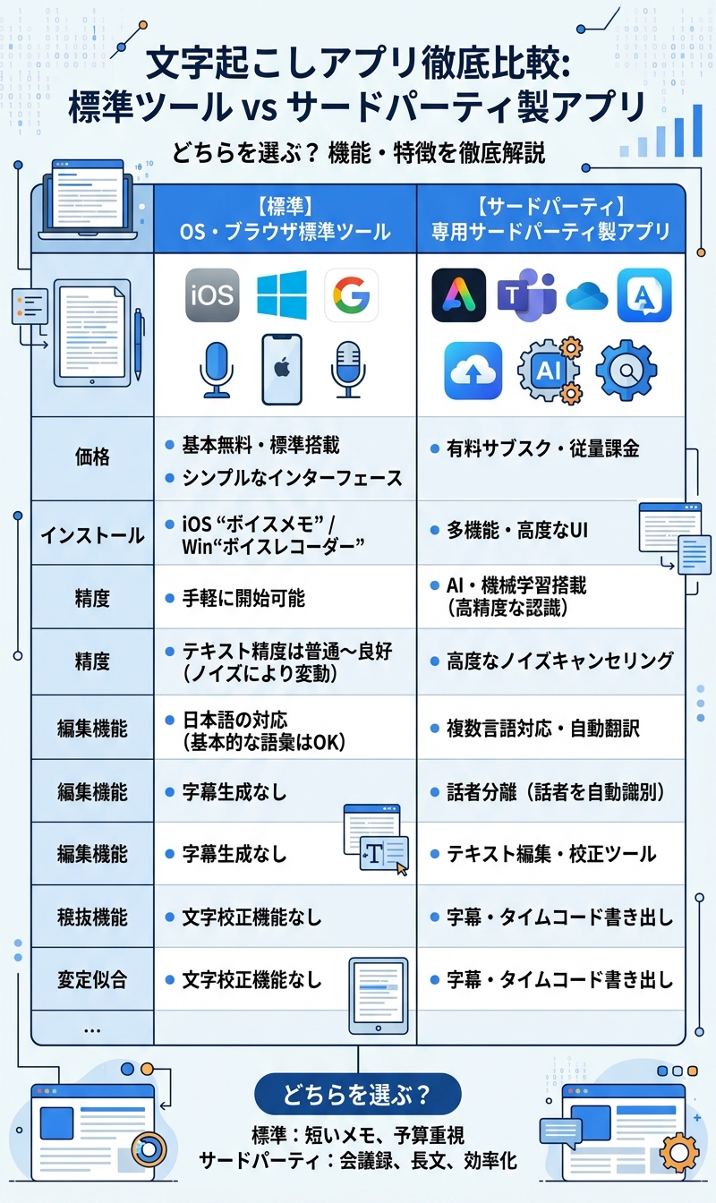 文字起こしアプリ無料の比較インフォグラフィック|無料 文字起こし アプリ