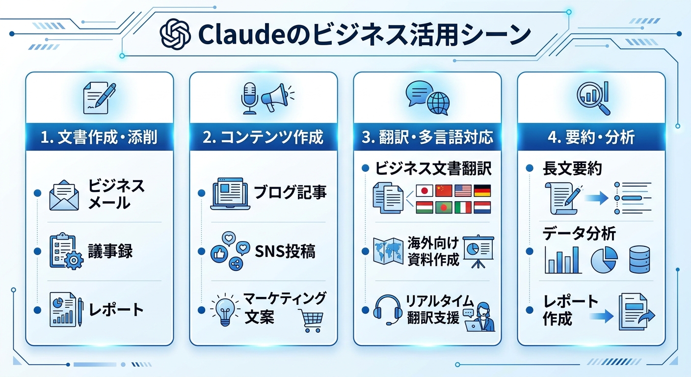 Claudeのビジネス活用シーンを示す情報図｜Claudeビジネス活用