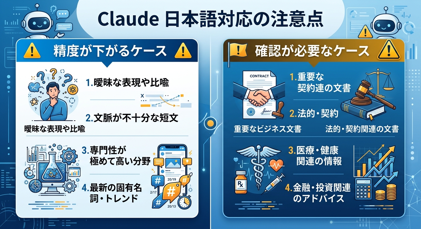 Claude日本語対応の注意点をまとめた情報図｜Claude注意点