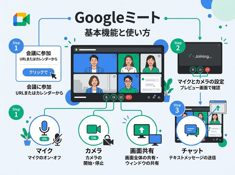 Google Meetの主要機能を示すインフォグラフィック｜ビデオ会議ツール機能比較