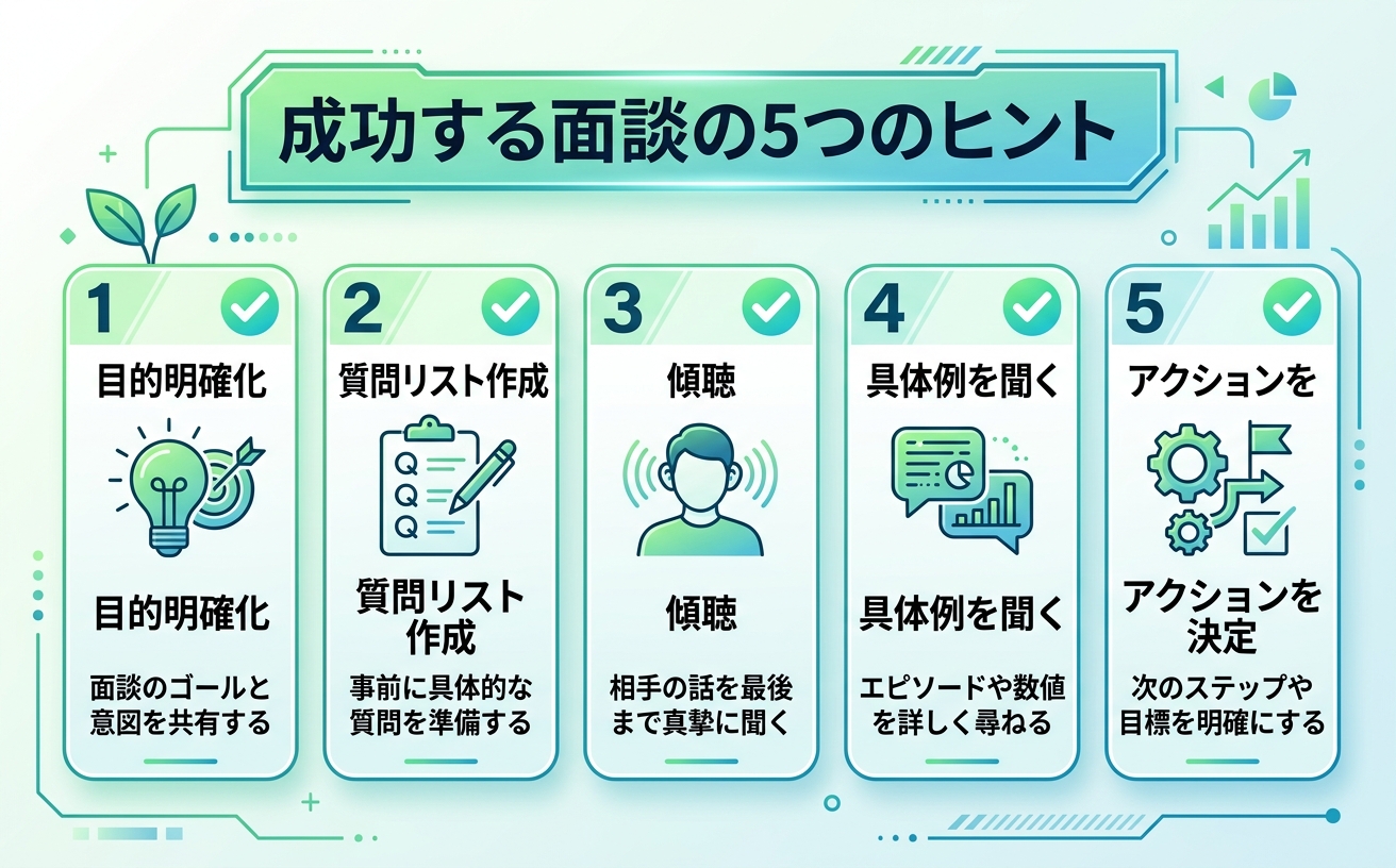 面談を成功させる5つのコツを示す情報図|目的明確化・質問リスト・傾聴・具体例・アクション決定