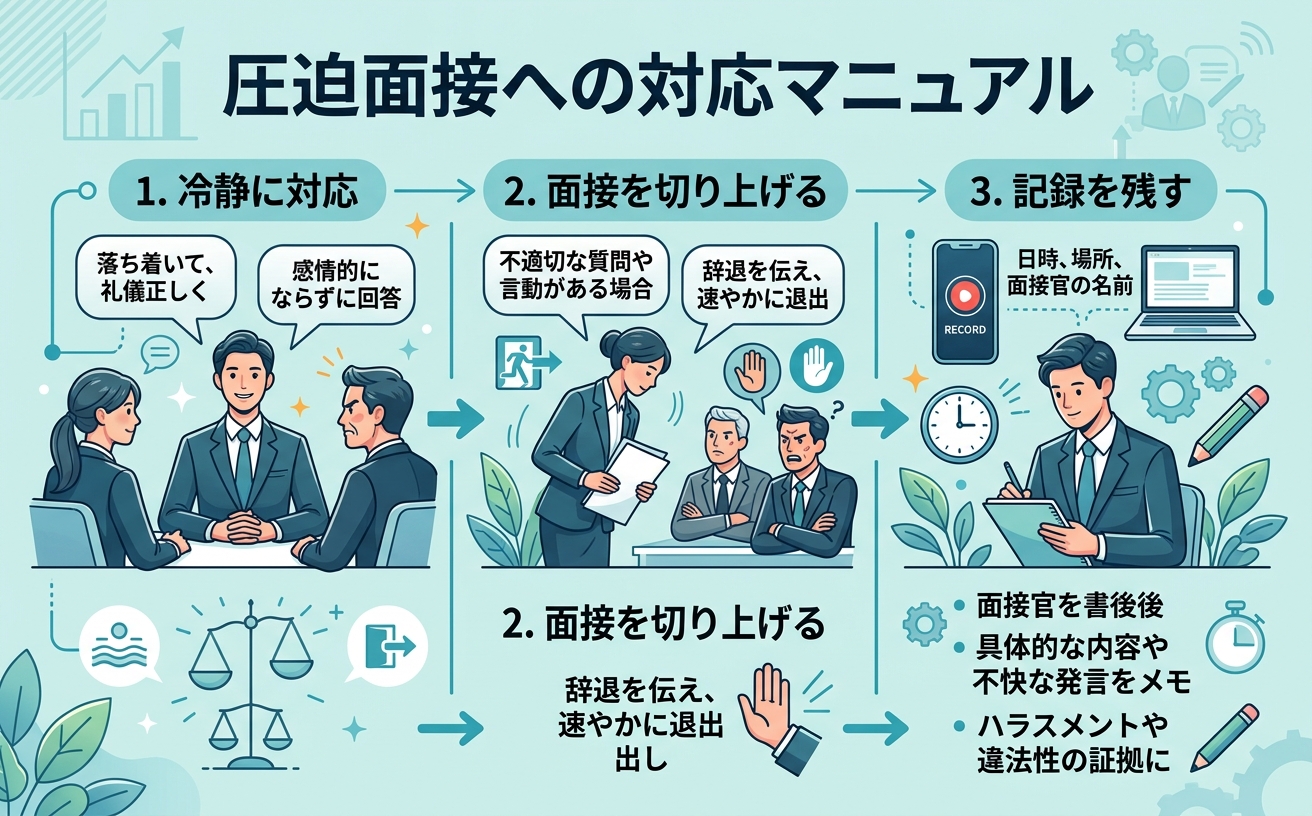 圧迫面接への対処法を示す情報図|冷静に対応・面接を切り上げる・記録を残す