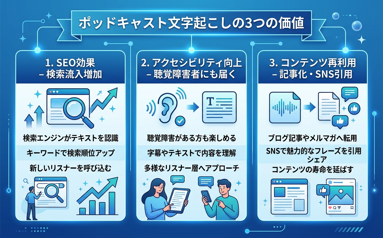 ポッドキャスト文字起こしの3つの価値|コンテンツ活用