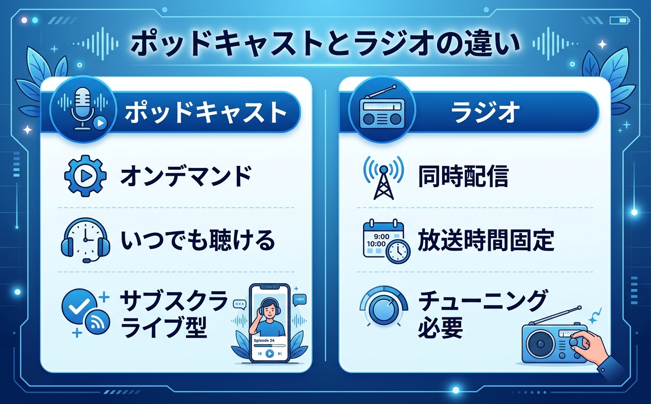ポッドキャストとラジオの違い|音声コンテンツ比較