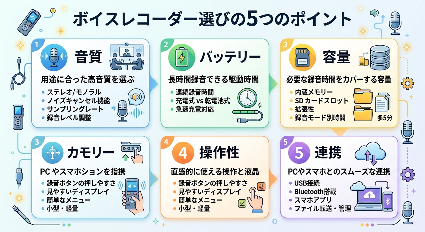 ボイスレコーダー選びの5つのポイント｜音質・バッテリー・容量・操作性・連携