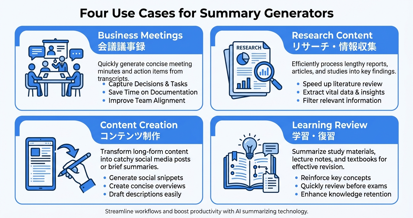 Summary Generatorの活用シーンを示したインフォグラフィック|summary generatorで情報処理を効率化