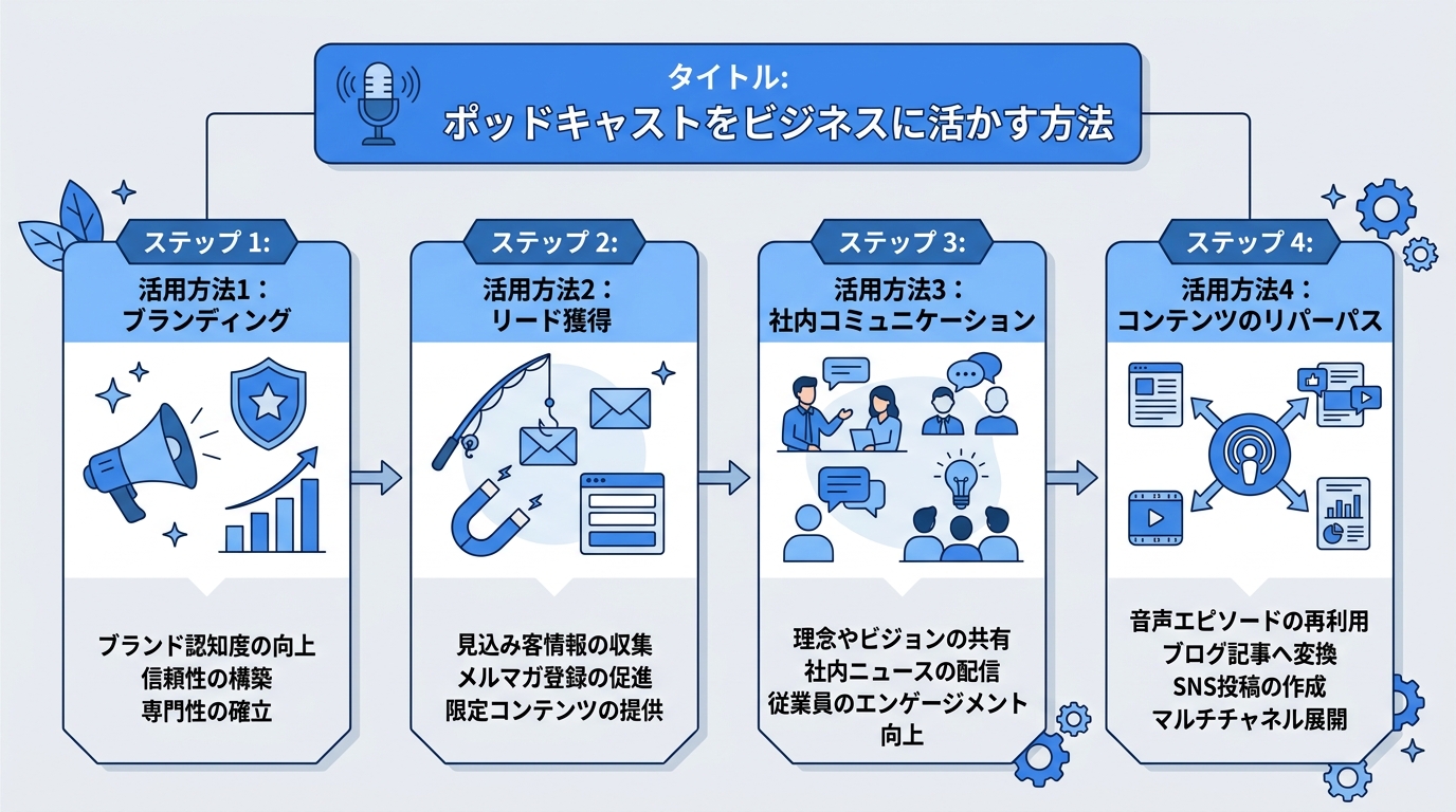 ポッドキャストをビジネスに活かす方法のフロー図|ポッドキャストとはを可視化