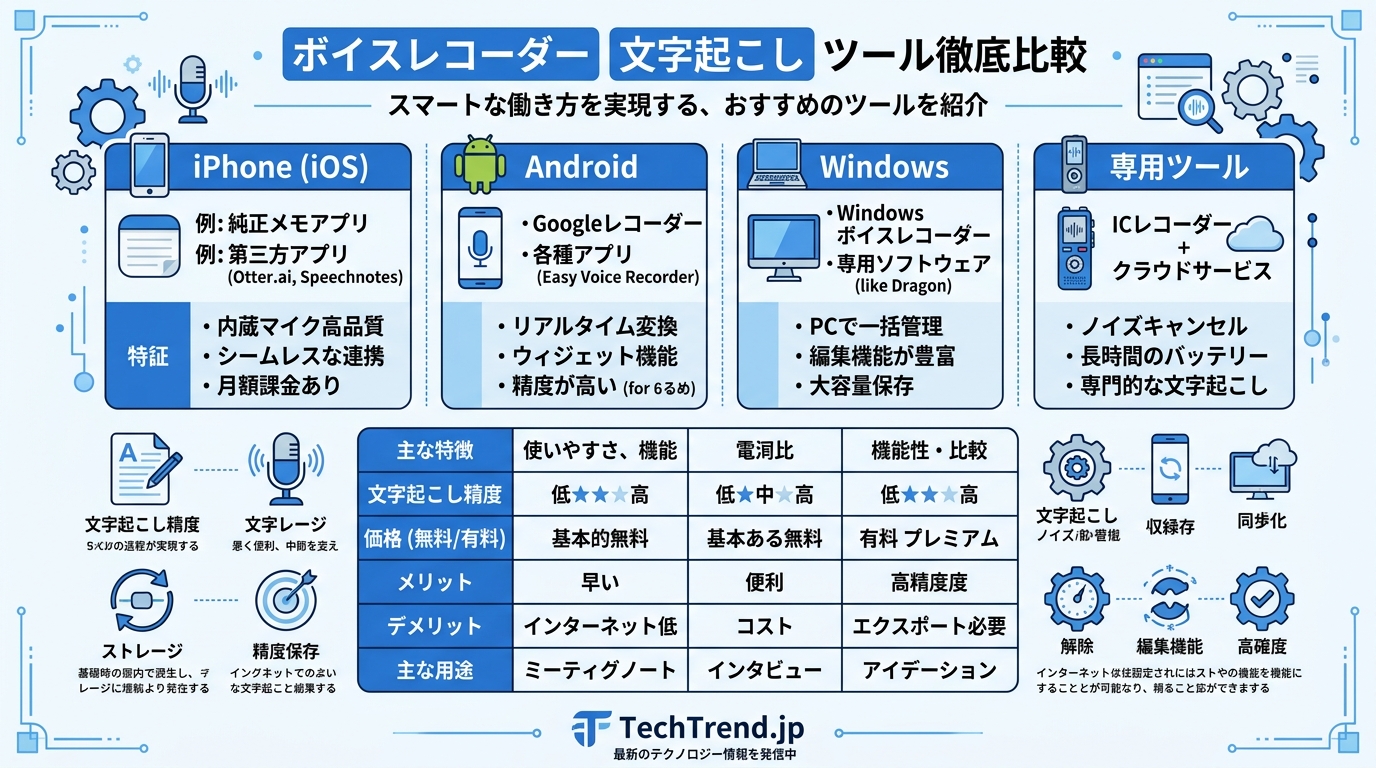 ボイスレコーダー文字起こしツール比較｜Felo字幕・Notta・AmiVoice・Googleの特徴と料金