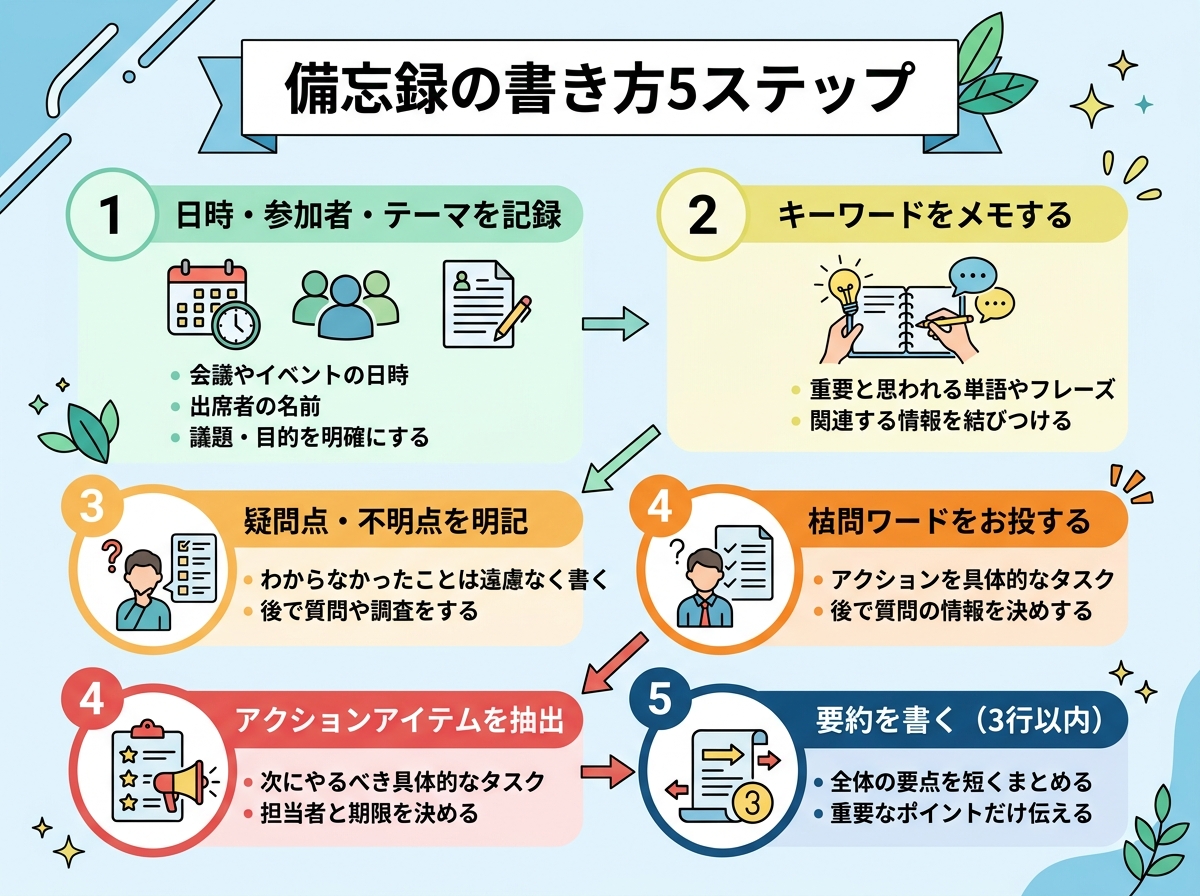備忘録の書き方5ステップを示す情報図｜基本情報・キーワード・疑問点・アクション・要約