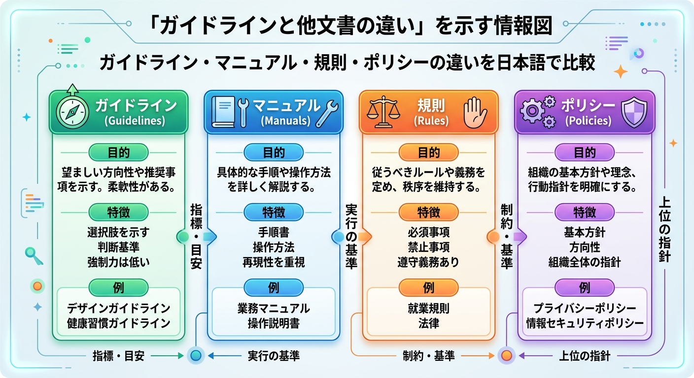 ガイドラインと類似文書の違い｜強制力・更新頻度・目的別比較