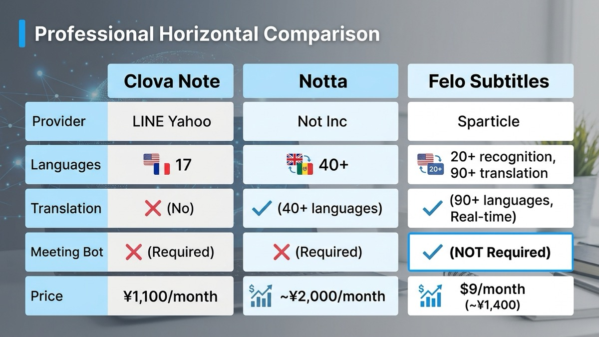 Clova Note vs Notta vs Felo字幕比較情報図｜文字起こしツール機能比較表｜ボット不要・多言語翻訳・料金プラン对比