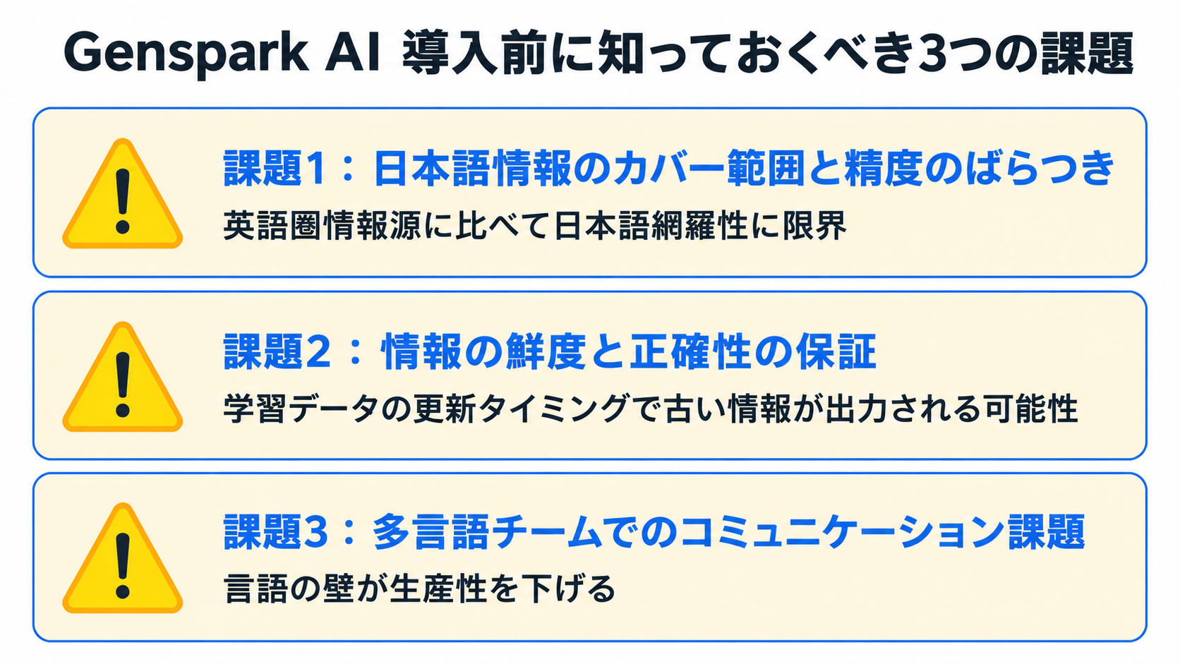 Genspark AI導入前に知っておくべき3つの課題を示すインフォグラフィック|genspark aiの日本語精度や多言語課題を整理