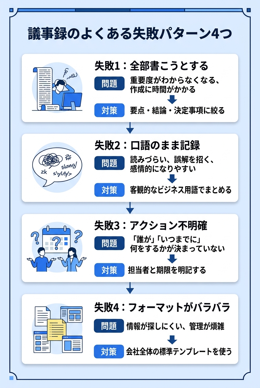 議事録の失敗パターンと対策｜会議メモ 効率化