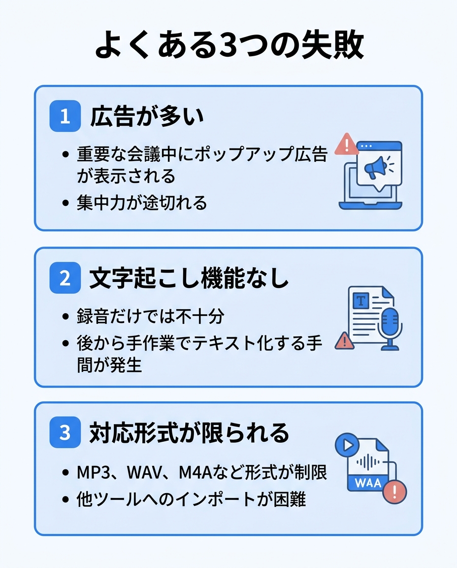 無料ボイスレコーダーアプリ選びによくある3つの失敗をまとめたインフォグラフィック|広告過多・文字起こし機能不足・対応形式制限