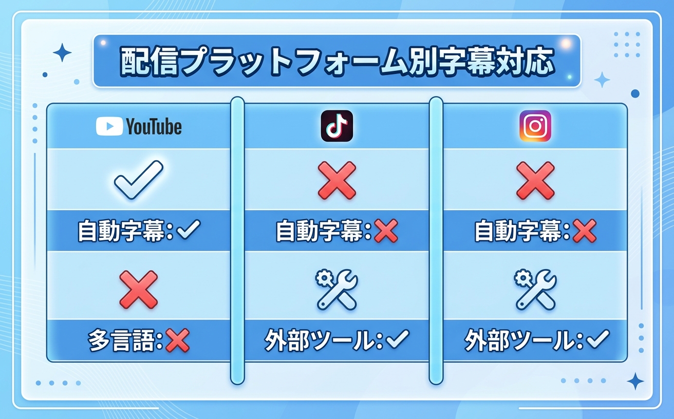 配信プラットフォーム別字幕対応比較｜YouTube/TikTok/Instagramの字幕機能