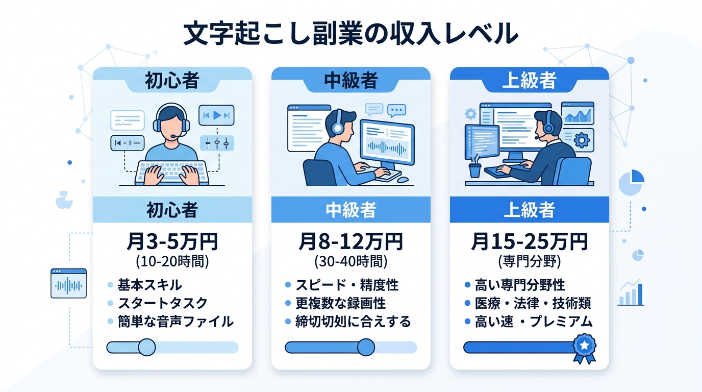 文字起こし副業の収入目安と稼働時間｜初心者から上級者まで