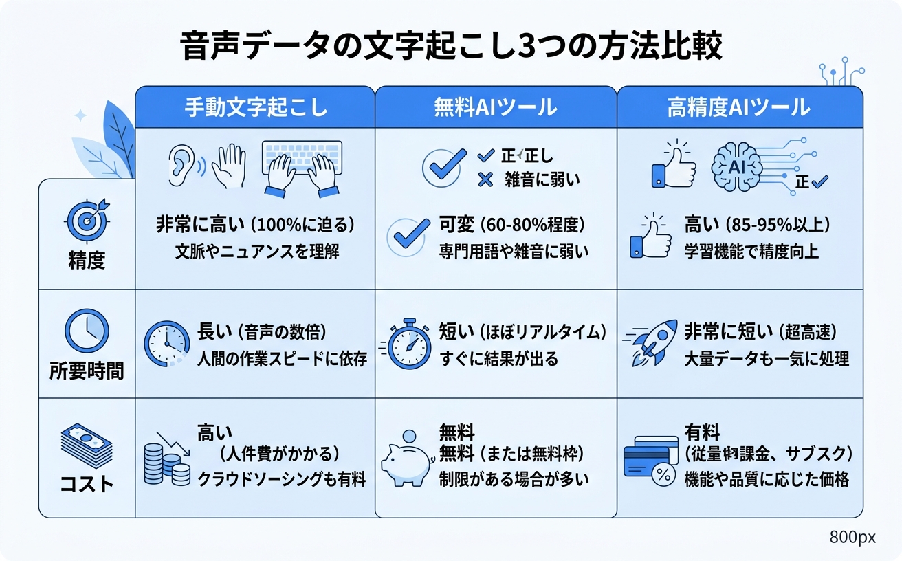 音声データ文字起こしの3つの方法比較|AI文字起こしツール選び
