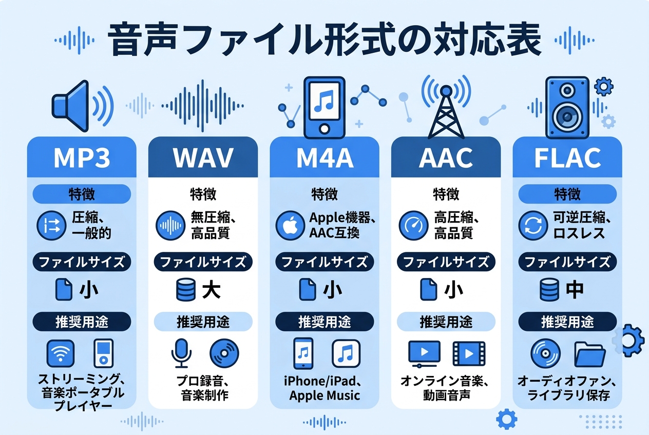 音声ファイル形式対応表｜MP3・WAV・M4A文字起こし