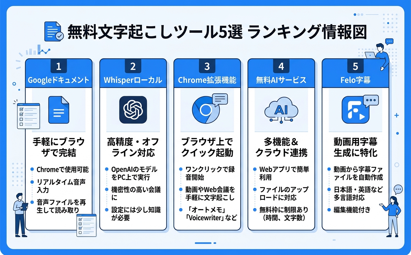 無料文字起こしツール5選｜音声ファイル無料文字起こし