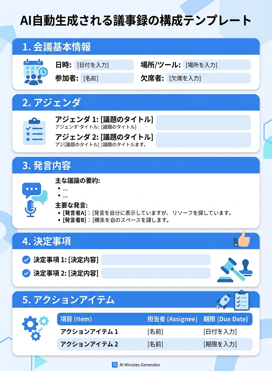AI自動生成議事録の構成テンプレート｜議事録自動作成フォーマット