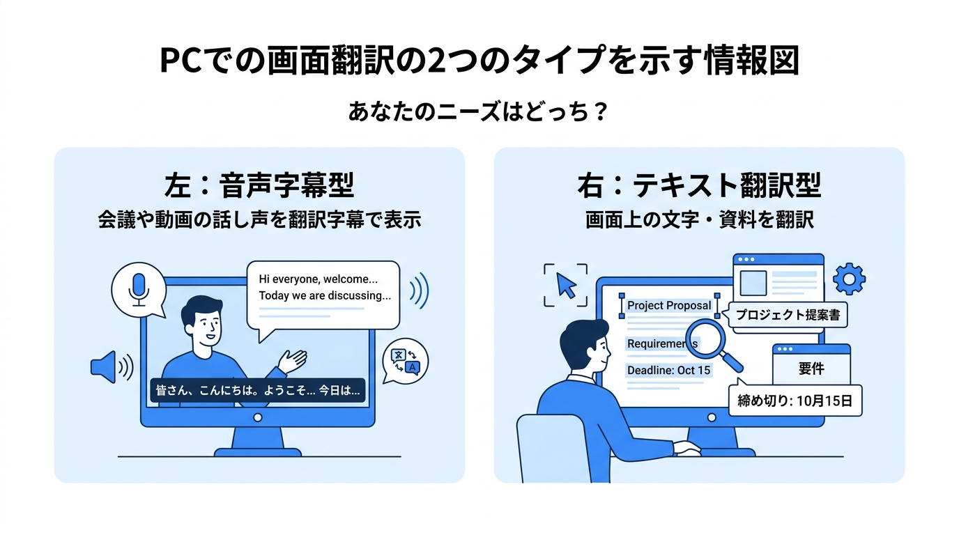 PC画面翻訳の2つのタイプ｜音声字幕型とテキスト翻訳型の違い
