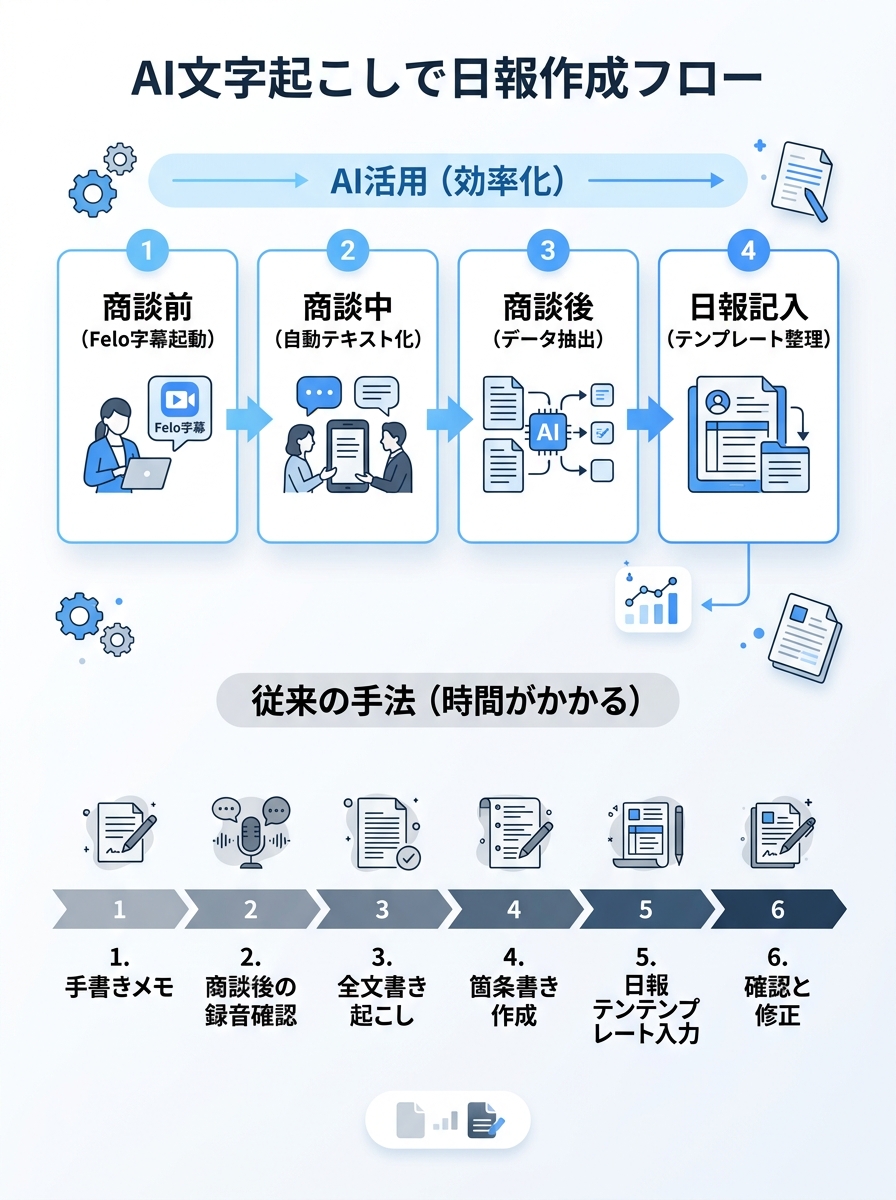 AI文字起こしで日報作成フロー比較|営業日報 テンプレート AI活用